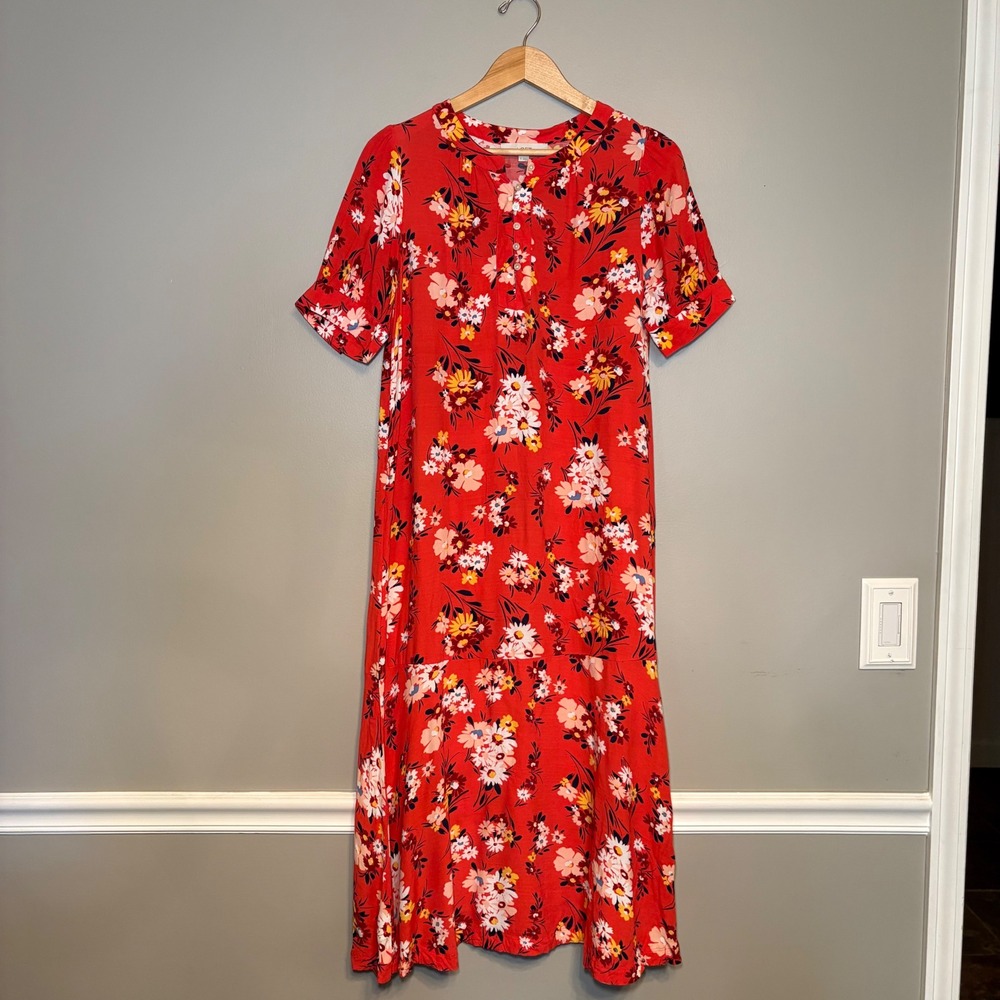 LOFT‎ Womens Red Floral Wedding Guest Midi Dress Short Sleeve Viscose Size 8